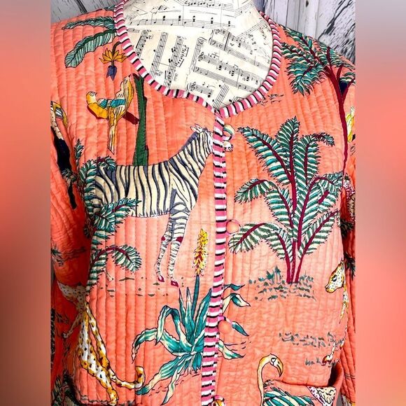 Tropical Boho Jungle Print/Stripes Jacket Quilted Reversible L - Picture 3 of 10
